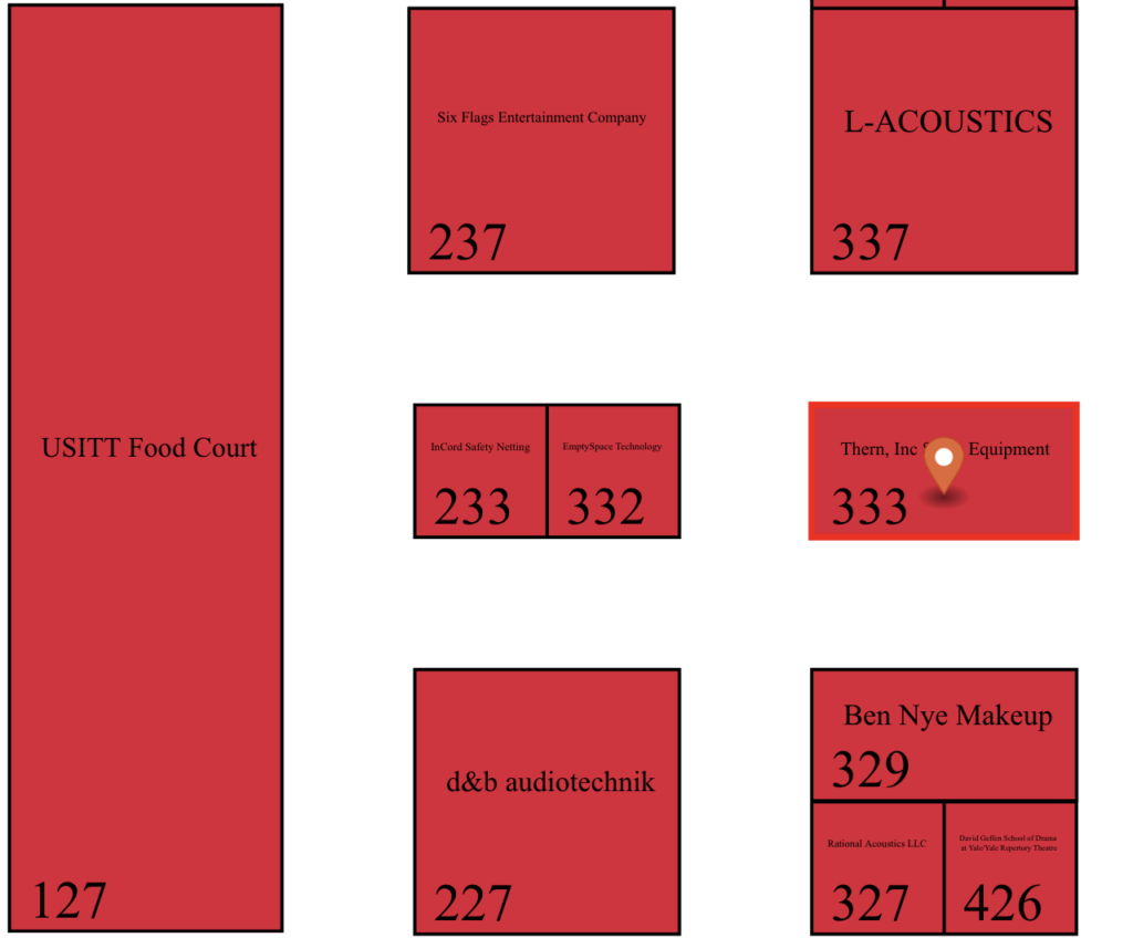 Zoomed-in map of the Thern Stage booth at USITT25. 